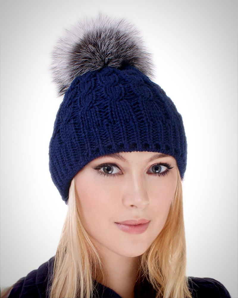 Blue Wool Hat with Silver Fox Fur Pom Pom