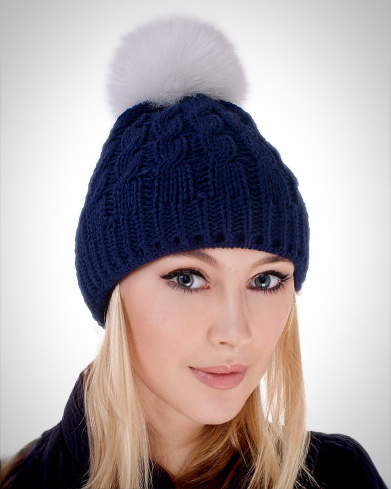 Blue Wool Hat with White Fox Fur Pom Pom