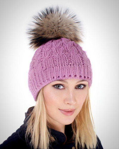 Pink Wool Hat with Raccoon Fur Pom Pom