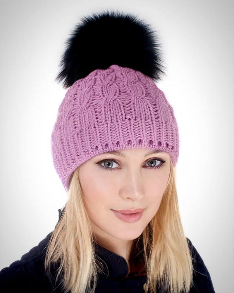 Pink Wool Hat with Black Fox Fur Pom Pom