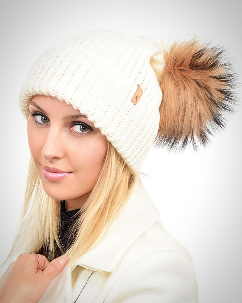 Ecru Wool Hat with Raccoon Fur Pom Pom ROMA
