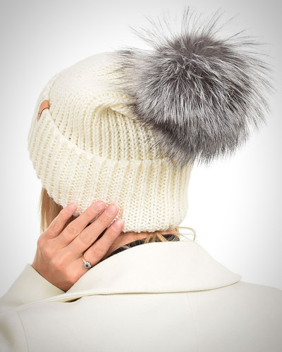 Ecru Wool Hat with Silver Fox Fur Pom Pom ROMA