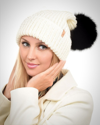 Ecru Wool Hat with Black Fox Fur Pom Pom ROMA