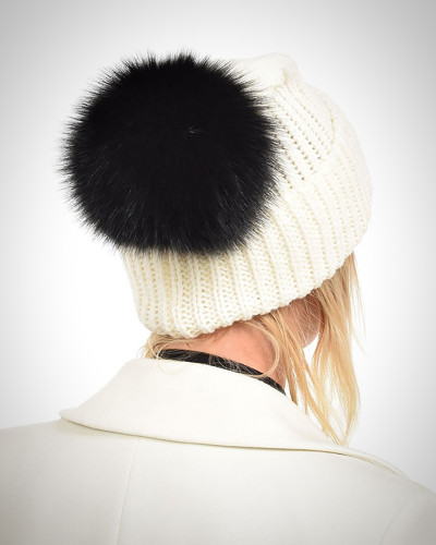 Ecru Wool Hat with Black Fox Fur Pom Pom ROMA