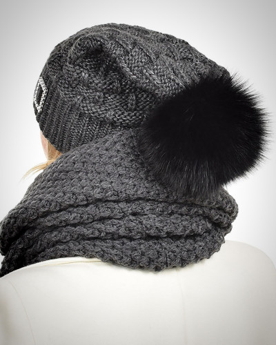 Grey Wool Beanie Hat with Black Fox Fur Pom Pom PARIS