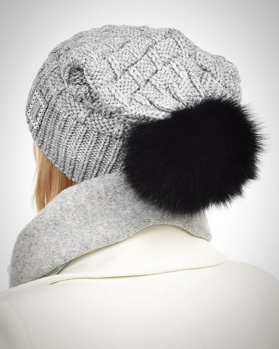 Ashen Wool Beanie Hat with Black Fox Fur Pom Pom PARIS