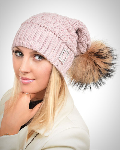 Pink Wool Beanie Hat with Raccoon Fur Pom Pom PARIS