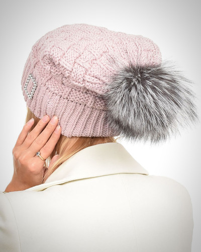 Pink Wool Beanie Hat with Silver Fox Fur Pom Pom PARIS
