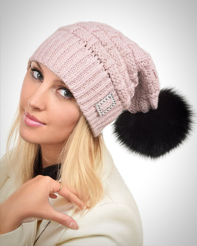 Pink Wool Beanie Hat with Black Fox Fur Pom Pom PARIS