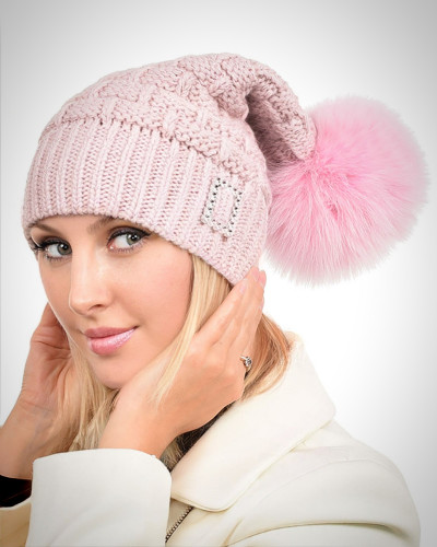 Pink Wool Beanie Hat with Pink Fox Fur Pom Pom PARIS