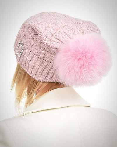 Pink Wool Beanie Hat with Pink Fox Fur Pom Pom PARIS