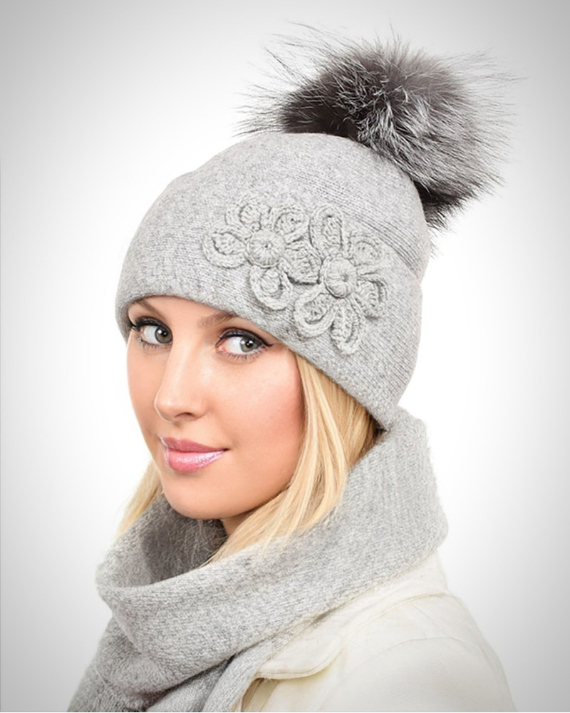 Ashen Wool Hat with Silver Fox Fur Pom Pom LOTOS