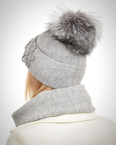 Ashen Wool Hat with Silver Fox Fur Pom Pom LOTOS