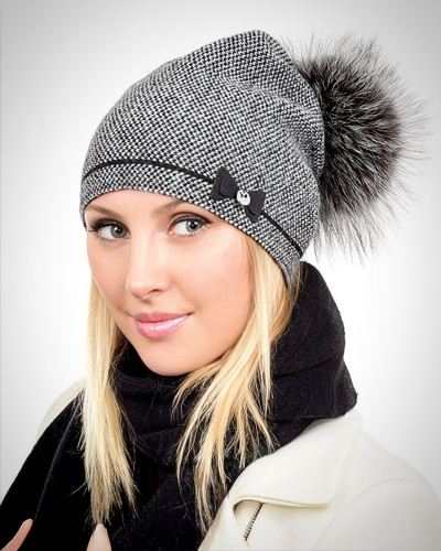 Wool Hat Beanie with Silver Fox Fur Pom Pom VINCA