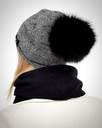 Wool Hat Beanie with Black Fox Fur Pom Pom VINCA