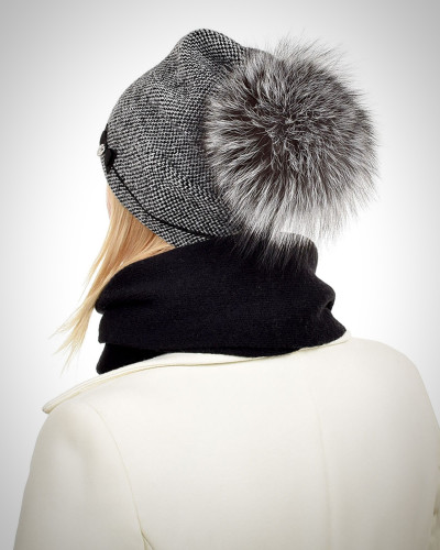 Wool Hat & Scarf Set with Silver Fox Fur Pom Pom VINCA
