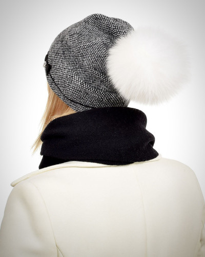 Wool Hat & Scarf Set with White Fox Fur Pom Pom VINCA