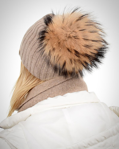 Dark Beige Wool Hat with Raccoon Fur Pom Pom TILIA