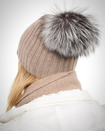 Dark Beige Wool Hat with Silver Fox Fur Pom Pom TILIA
