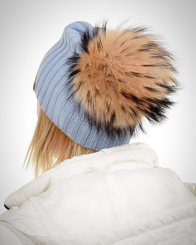 Light Blue Wool Hat with Raccoon Fur Pom Pom TILIA