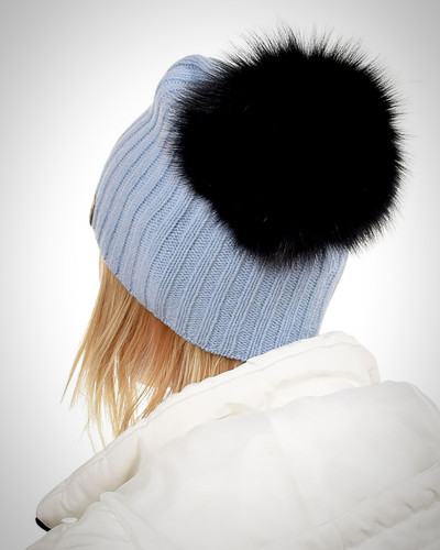 Light Blue Wool Hat with Black Fox Fur Pom Pom TILIA