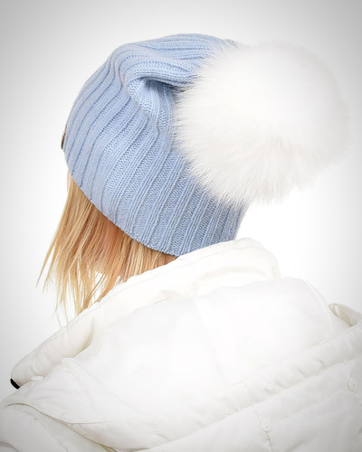 Light Blue Wool Hat with White Fox Fur Pom Pom TILIA