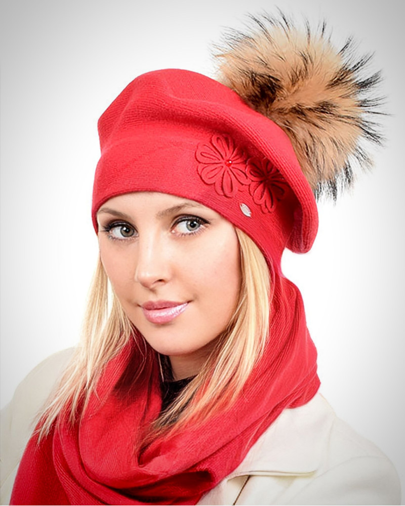 Women's Red Wool Beret with Raccoon Fur Pom Pom ABELIA