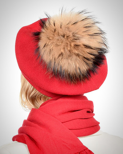 Women's Red Wool Beret with Raccoon Fur Pom Pom ABELIA