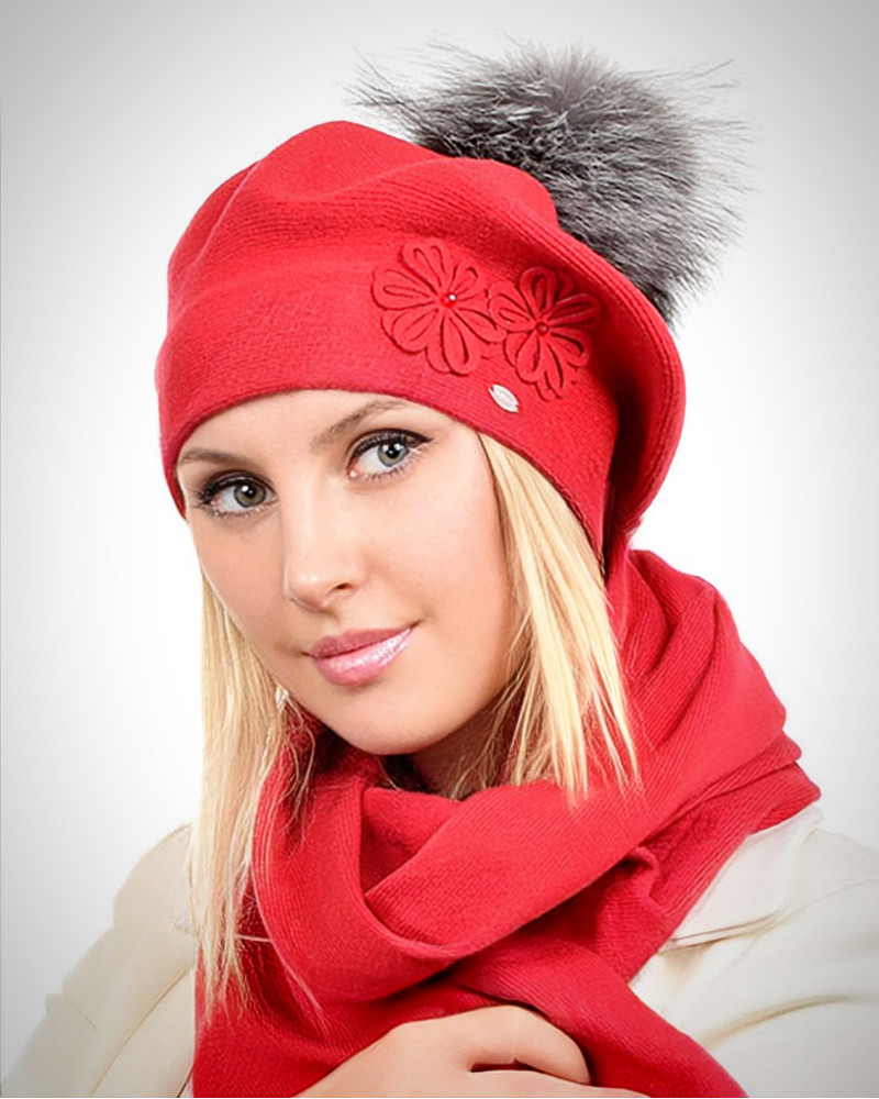 Red Wool Beret with Silver Fox Fur Pom Pom ABELIA