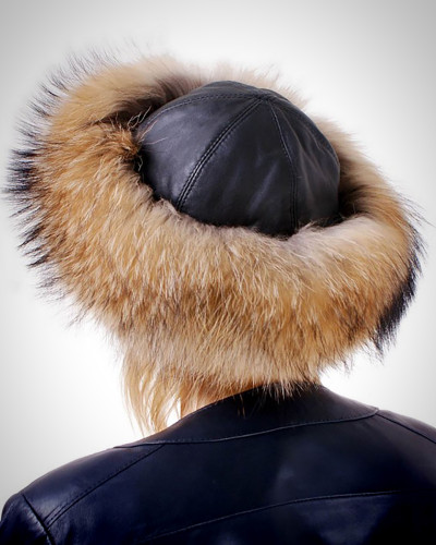 Women's Raccoon Fur Roller Hat with Leather Top