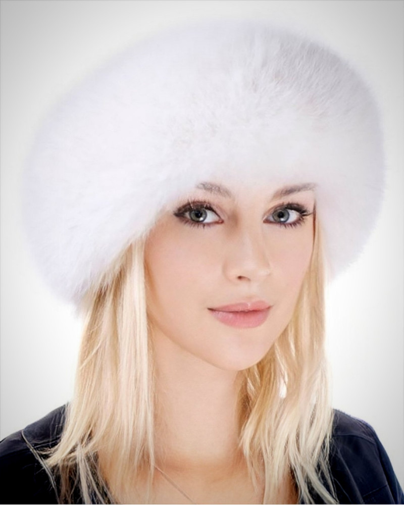 Women's White Fox Fur Roller Hat with Leather Top