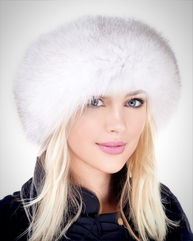 Women's Blue Fox Fur Roller Hat with Leather Top
