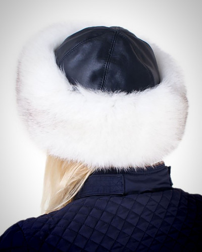 Women's Blue Fox Fur Roller Hat with Leather Top