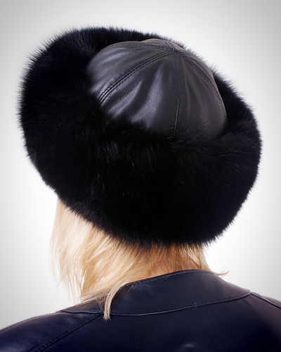 Women's Black Fox Fur Roller Hat with Leather Top