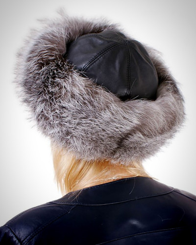 Women's Silver Fox Fur Roller Hat with Leather Top