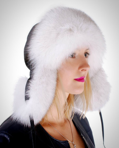 Blue Fox Fur Ushanka Hat with Leather Top