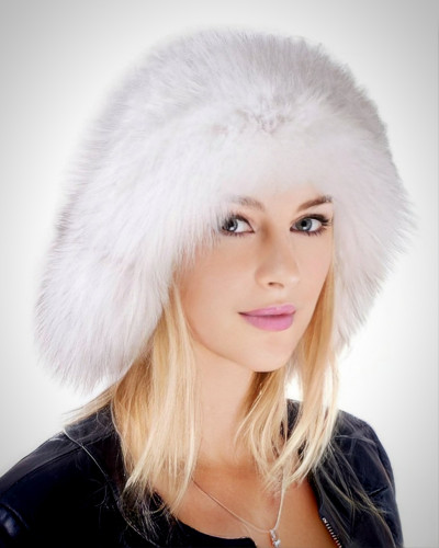 Blue Fox Fur Ushanka Hat with Leather Top