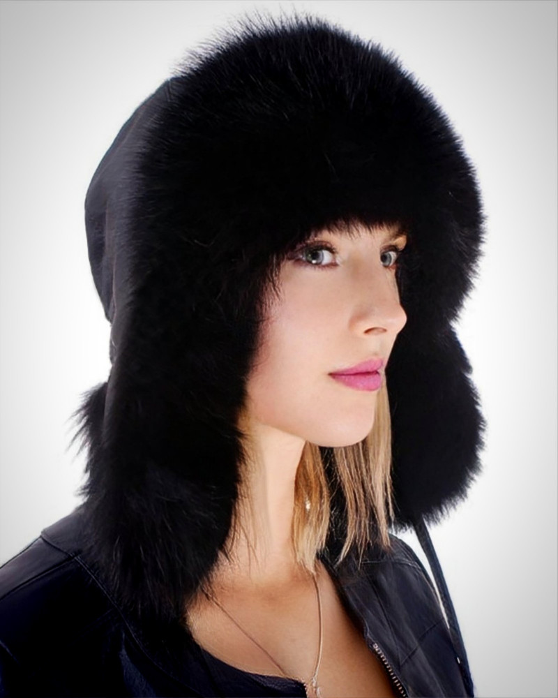 Genuine Black Fox Fur Ushanka Hat with Leather Top