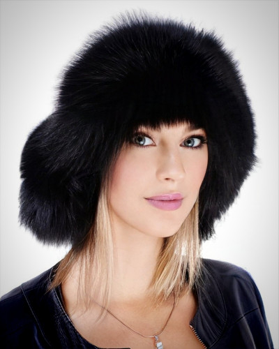 Genuine Black Fox Fur Ushanka Hat with Leather Top