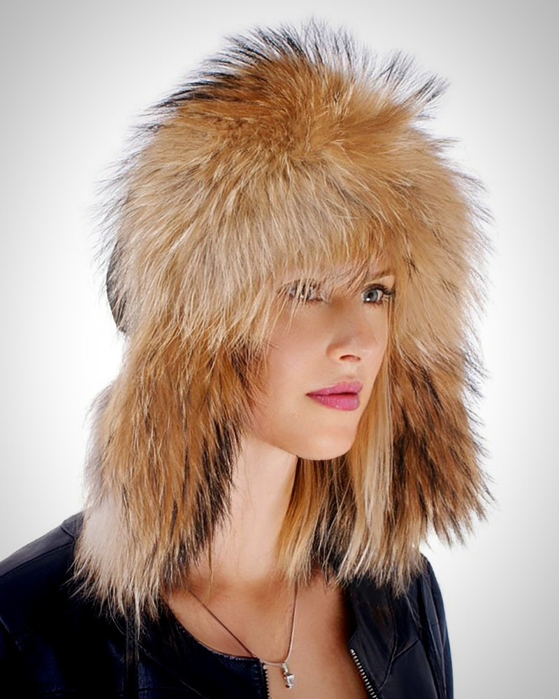 Raccoon Fur Ushanka Hat with Leather Top