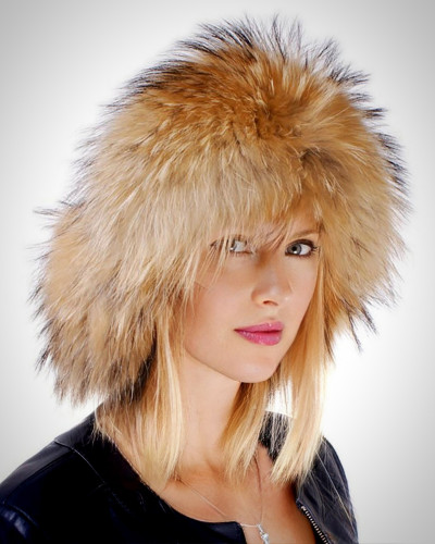 Raccoon Fur Ushanka Hat with Leather Top