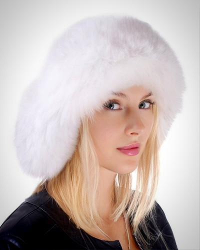 White Fox Fur Ushanka Hat with Leather Top