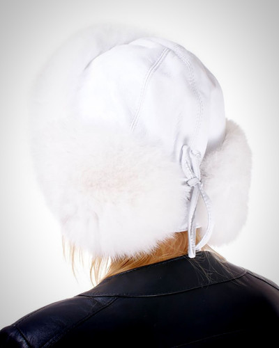 White Fox Fur Ushanka Hat with Leather Top