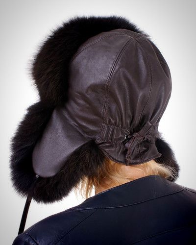 Brown Fox Fur Ushanka Hat with Leather Top