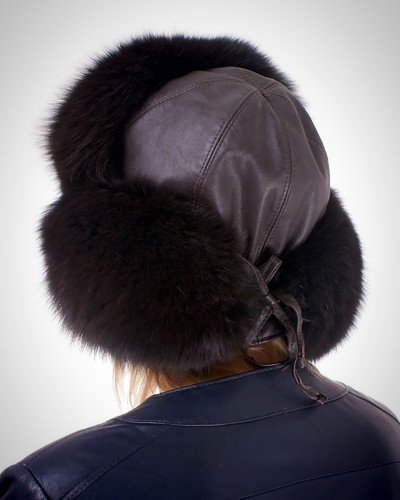 Brown Fox Fur Ushanka Hat with Leather Top