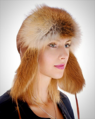 Genuine Red Fox Fur Ushanka Hat with Leather Top