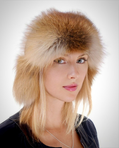Genuine Red Fox Fur Ushanka Hat with Leather Top