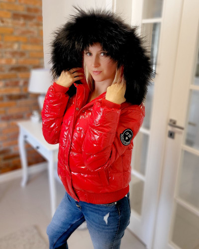 Short Red Winter Jacket with Raccoon Fur Hood Trim