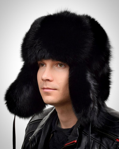 Genuine Men's Black Fox Fur Hat III Fur Ushanka Hat