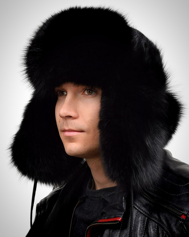 Genuine Men's Black Fox Fur Hat IV Fur Ushanka Hat
